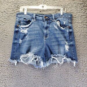 Judy Blue Shorts Womens XL Blue Distressed Denim High Rise Raw Hem Stretchy